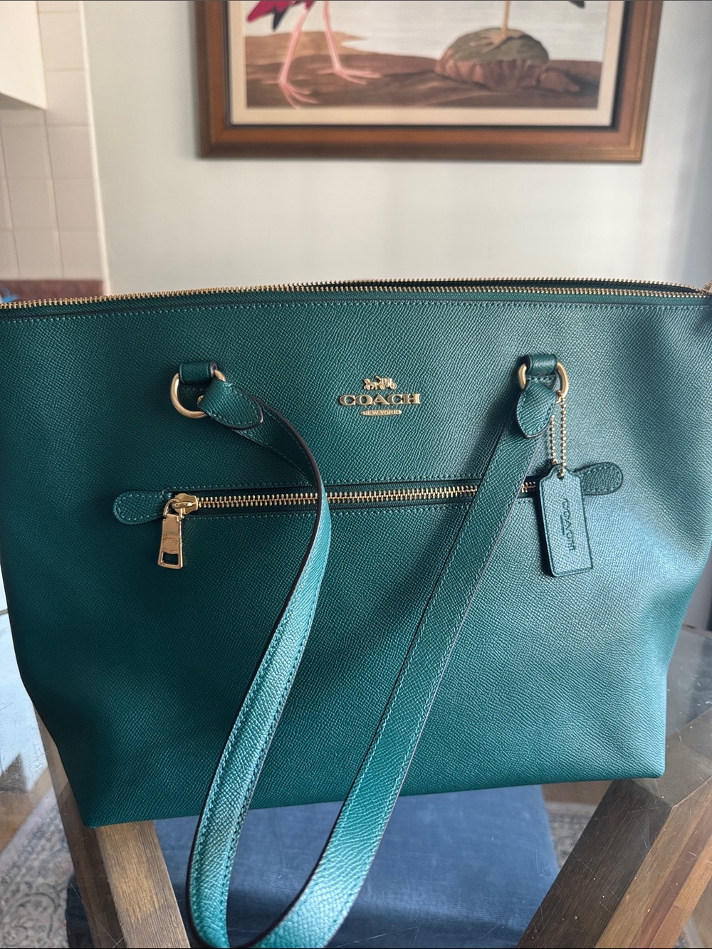 COACH Emerald Green Saffiano Leather Tote with Gold Hardware - Picture 6 of 9